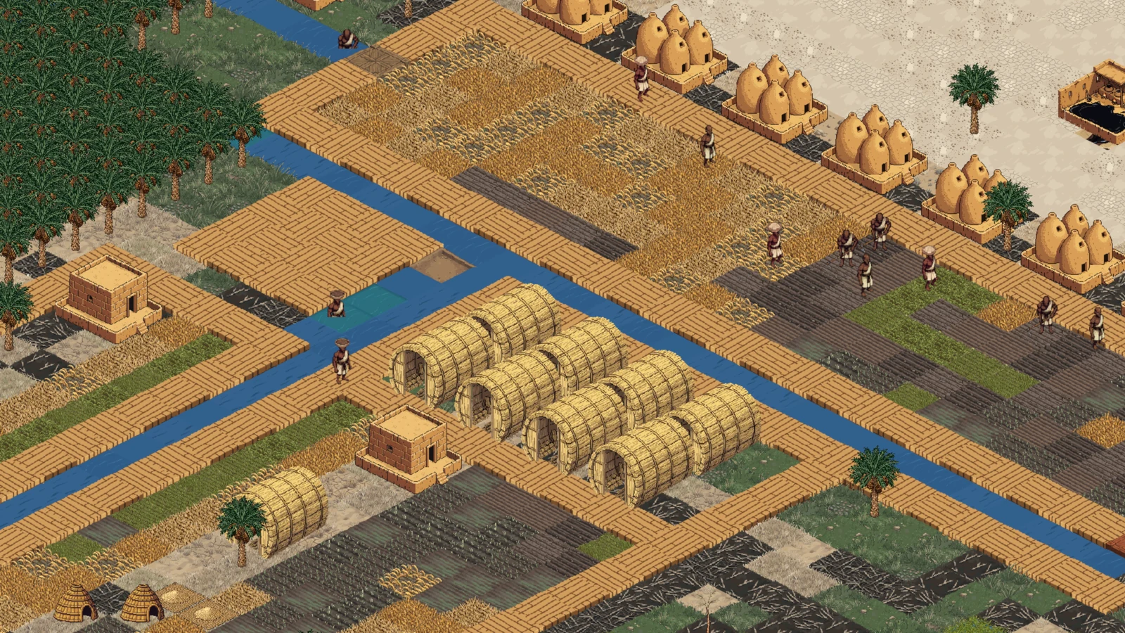 A worked delta: canals threading between barley fields, reed
                  barns, granaries and brick houses, with crew everywhere.