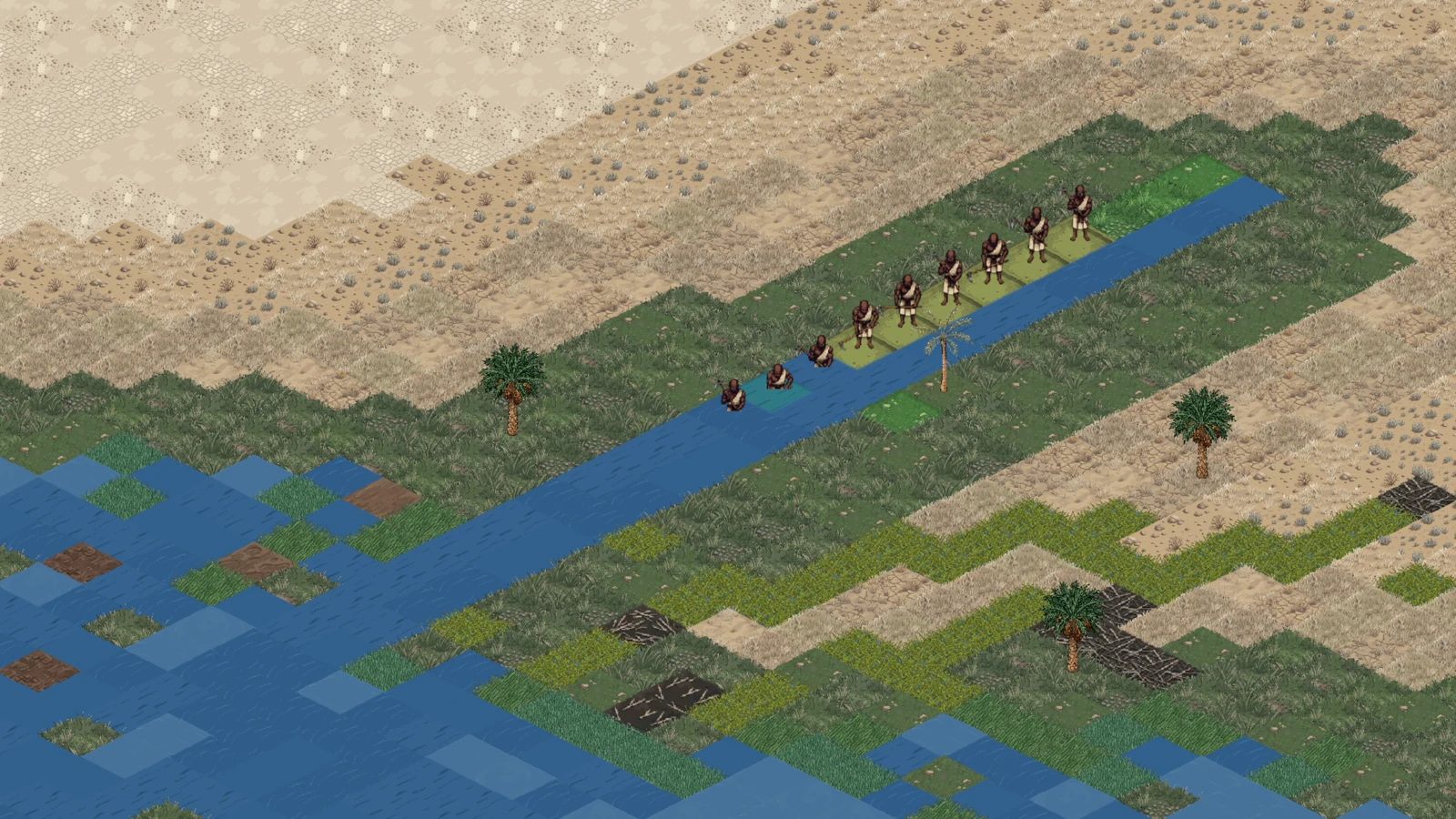 A line of workers digs a channel away from the river, water
                  already running in the finished stretch behind them.