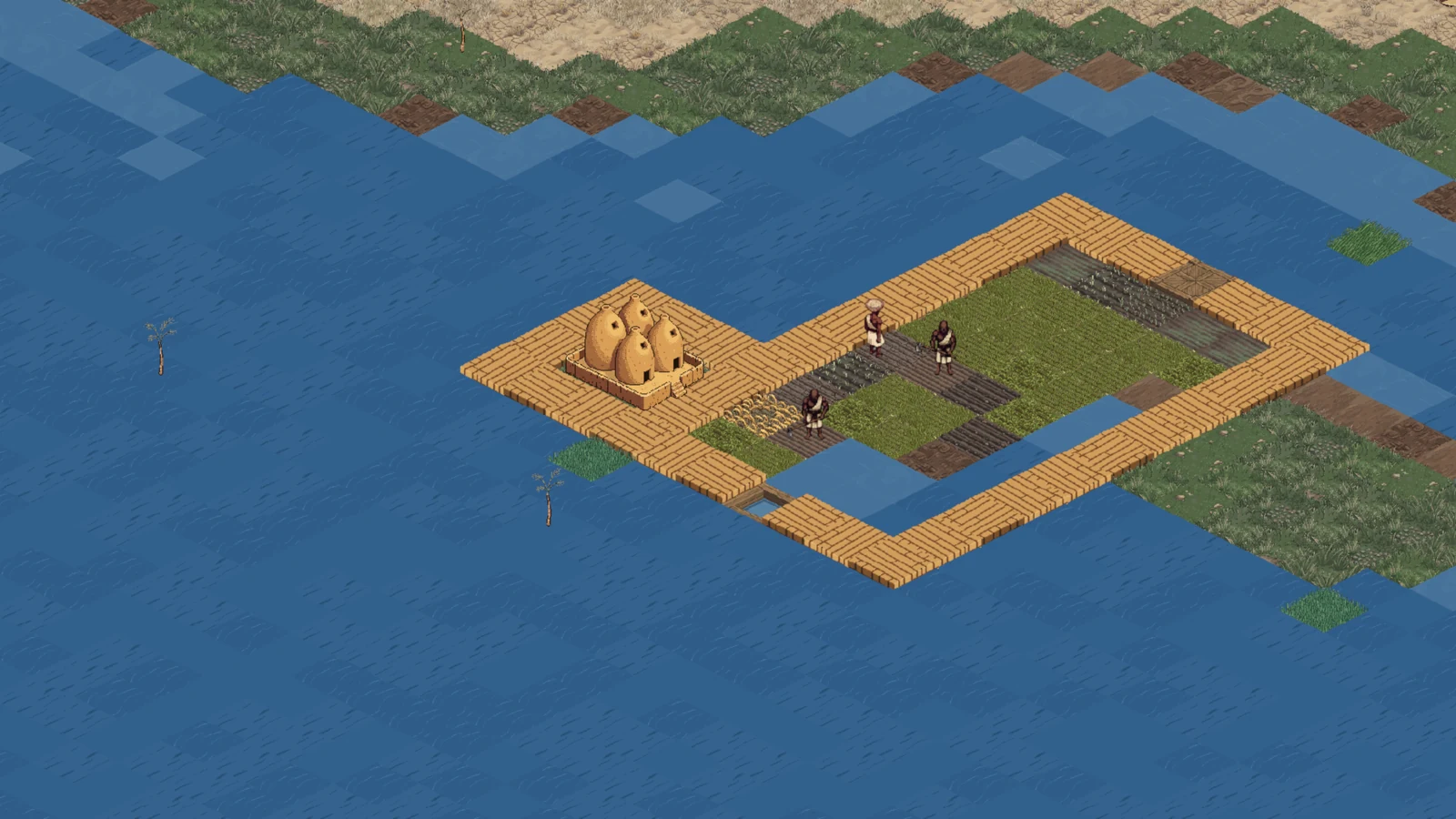 The annual flood covers the delta; a walled field of green crop
                stands dry inside its brick enclosure while everything around it
                is under water.