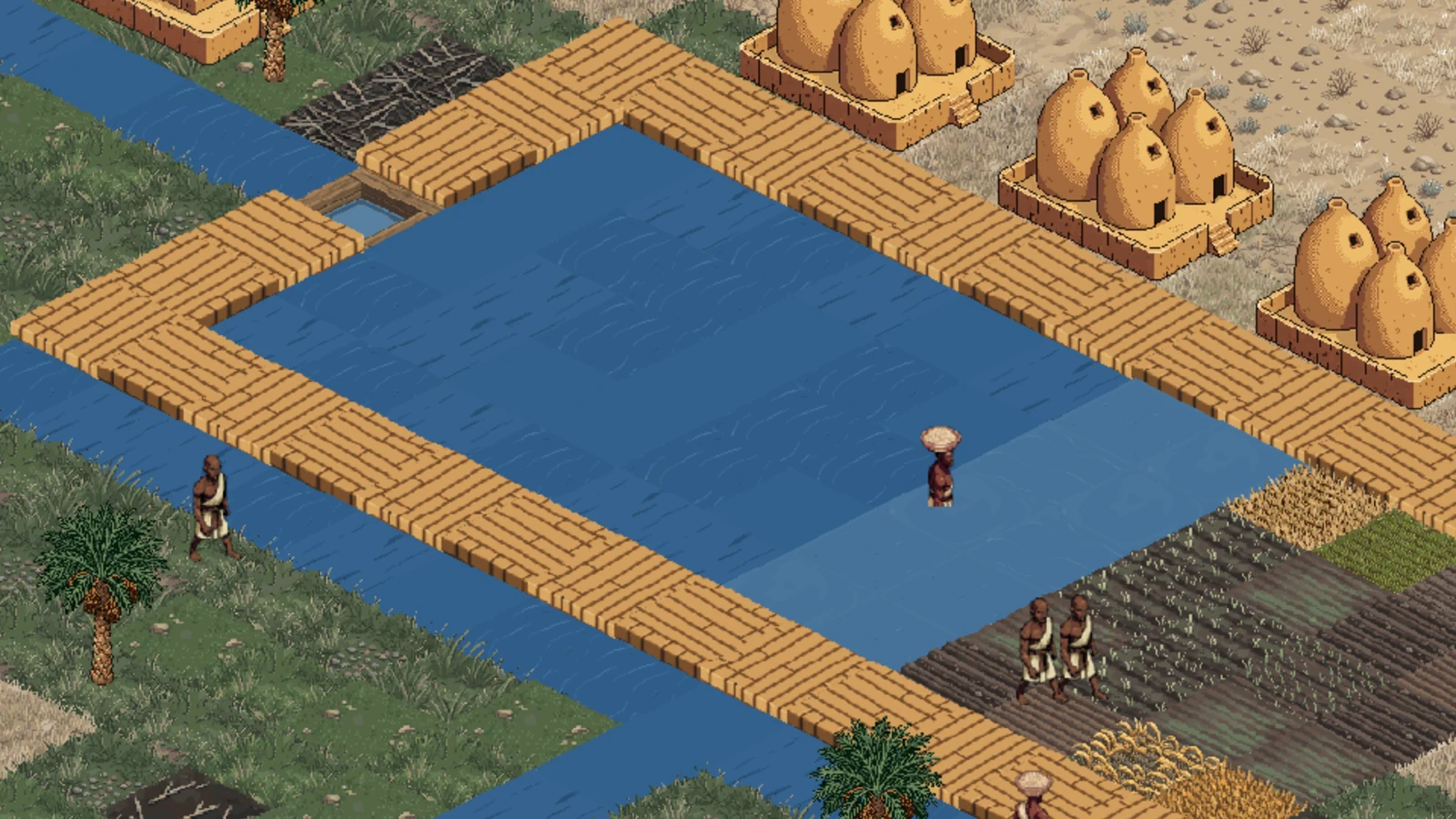 A brick-walled basin brim full of water among worked fields,
                  a worker standing waist deep in the middle of it.