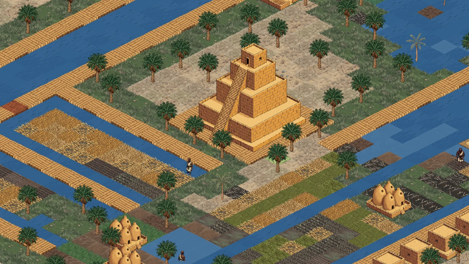 A stepped mud-brick ziggurat standing in a palm-ringed
                  precinct, canals and fields around it.
